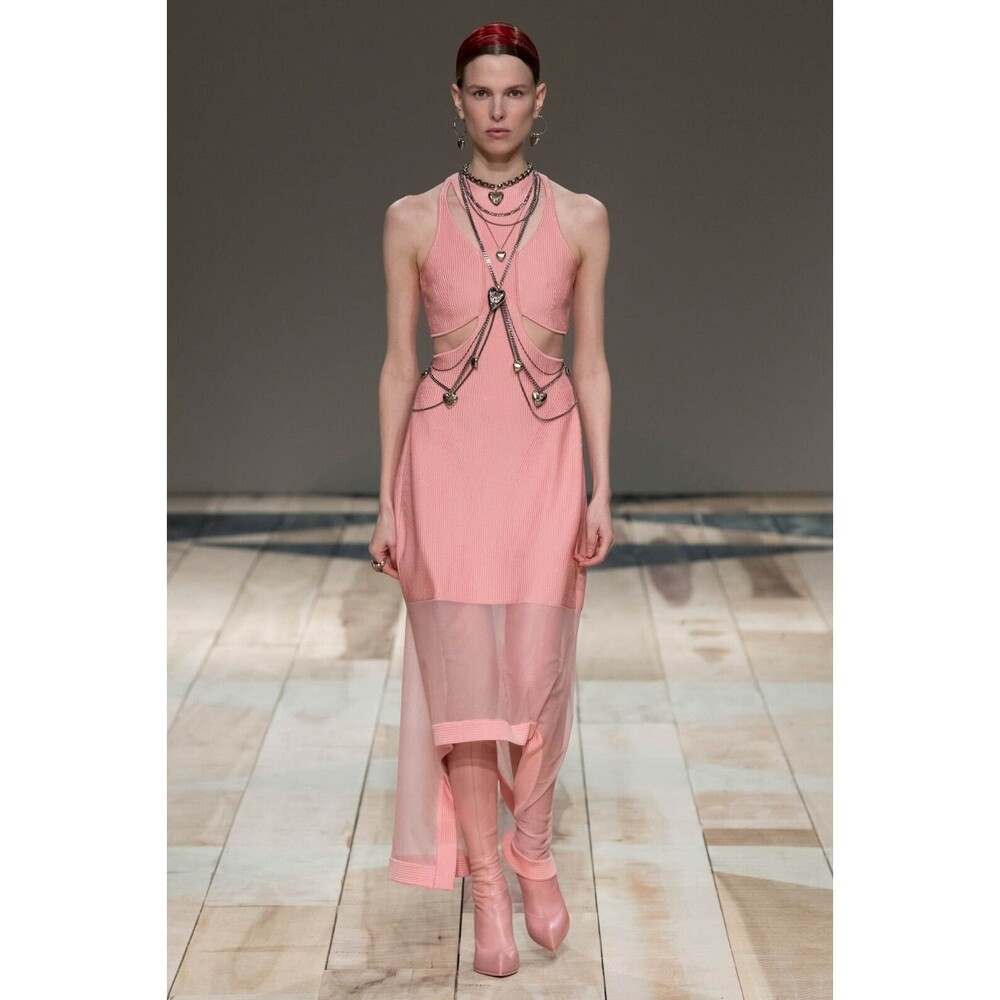 NWT. RUNWAY $3460 ALEXANDER MCQUEEN Rib-Knit Cutout Mesh High-Low Dress Sz L